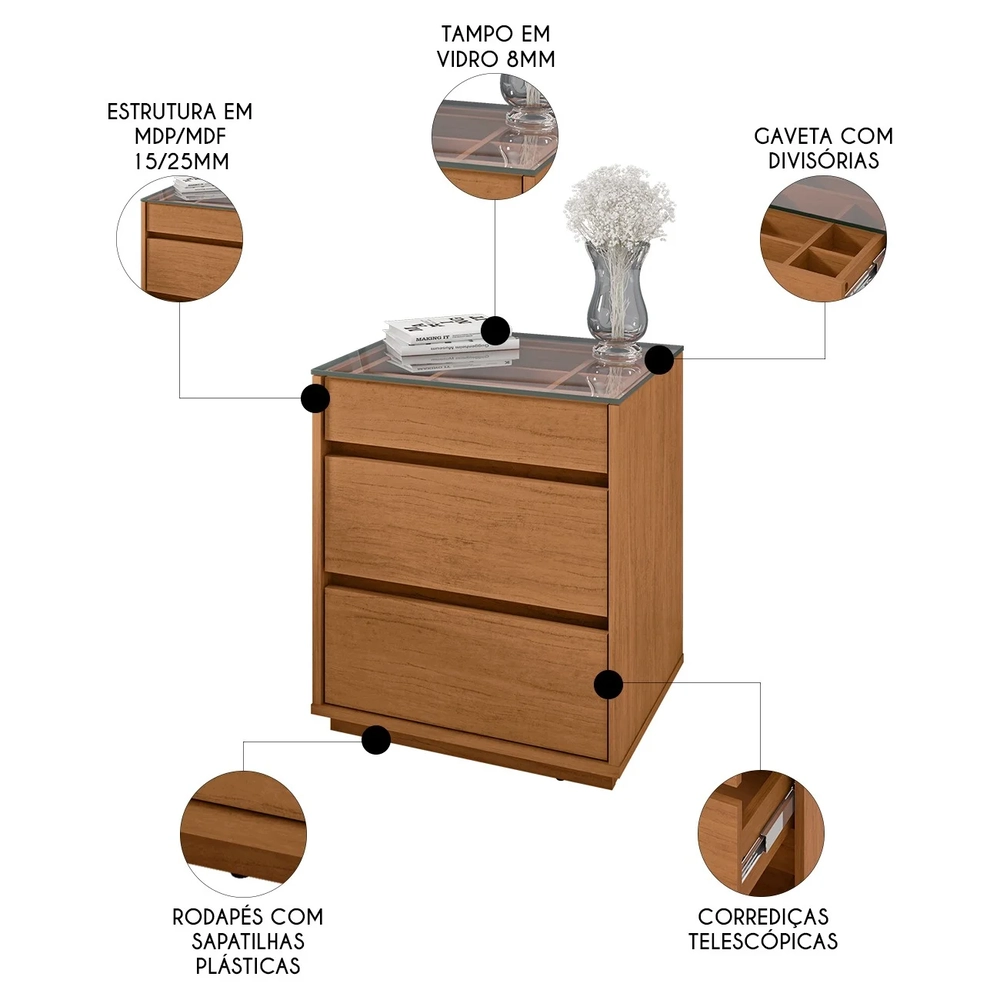 Mesa de Cabeceira 3 Gavetas Tampo de Vidro Belize C14 Cedro - Mpozenato