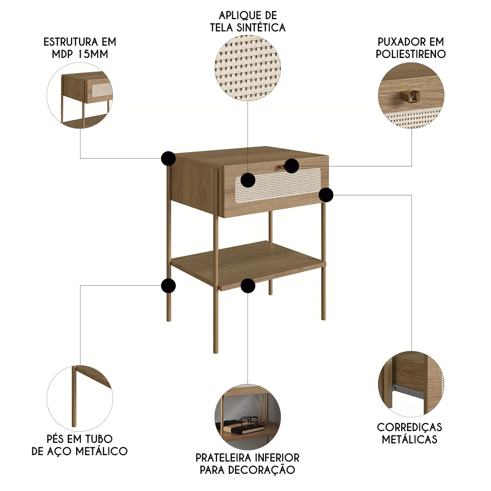 Mesa de Cabeceira Com 1 Gaveta Pé Metal Arlo A10 Hanover/Dourado - Mpozenato
