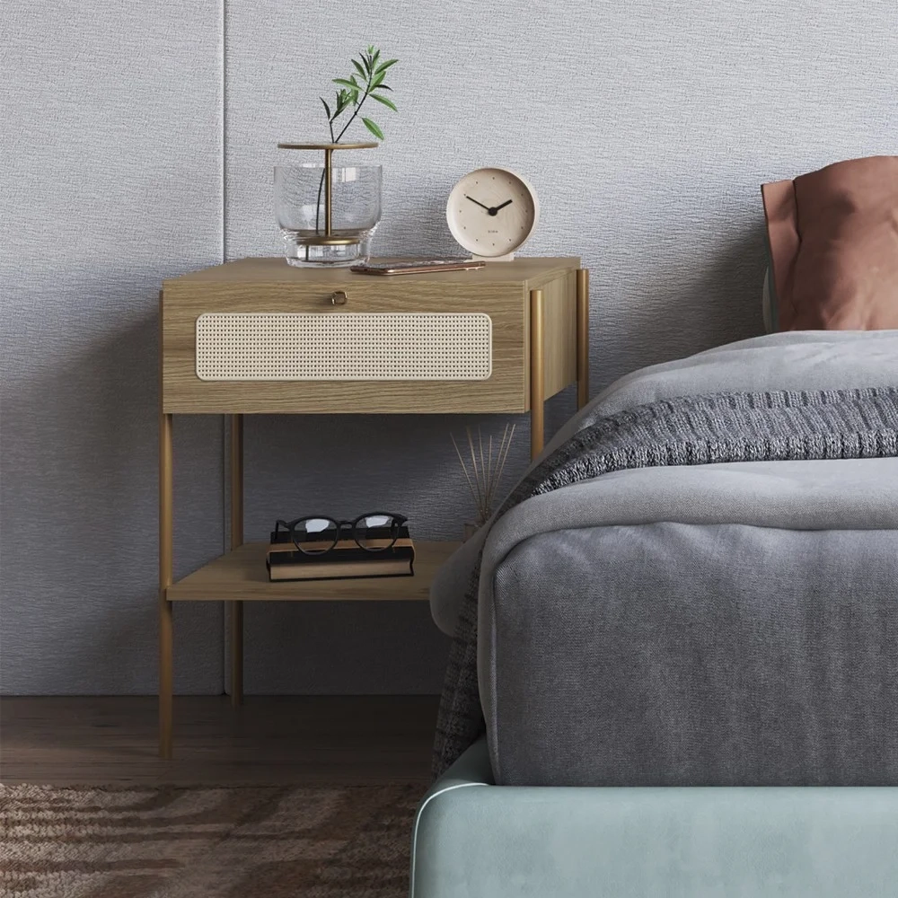 Mesa de Cabeceira Com 1 Gaveta Pé Metal Arlo A10 Hanover/Dourado - Mpozenato