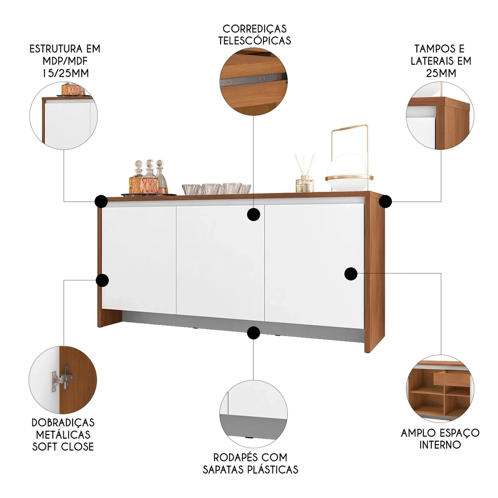 Balcão Aparador Buffet 3 Portas Madrid C14 Cedro/Branco - Mpozenato