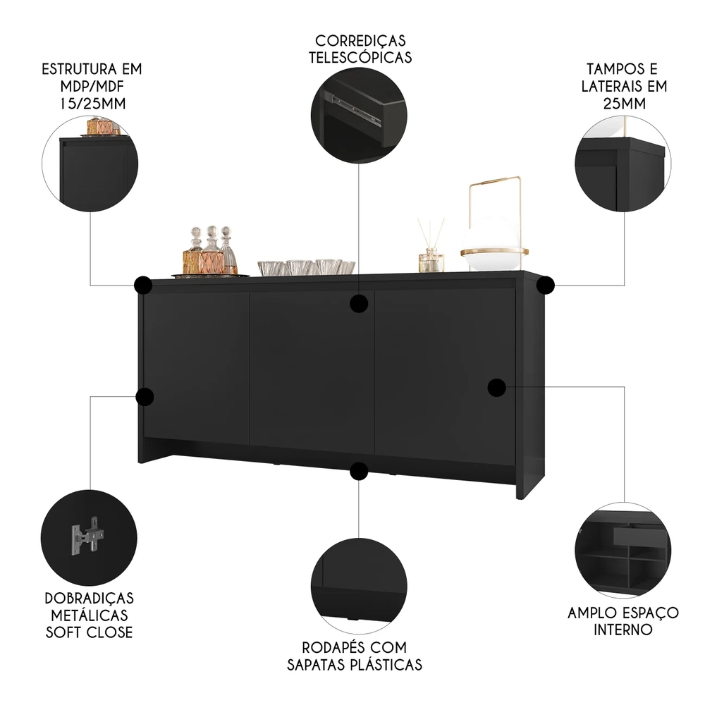 Balcão Aparador Buffet 3 Portas Madrid C14 Preto - Mpozenato