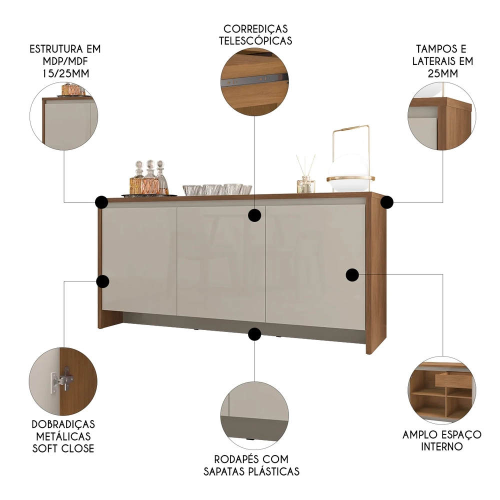 Balcão Aparador Buffet 3 Portas Madrid C14 Cedro/Off White - Mpozenato