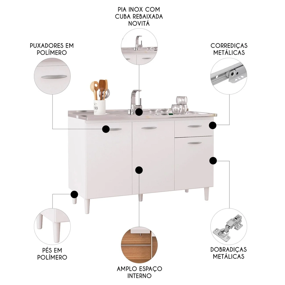 Balcão de Cozinha Com Pia Inox 120cm Classic Z46 Branco - Mpozenato