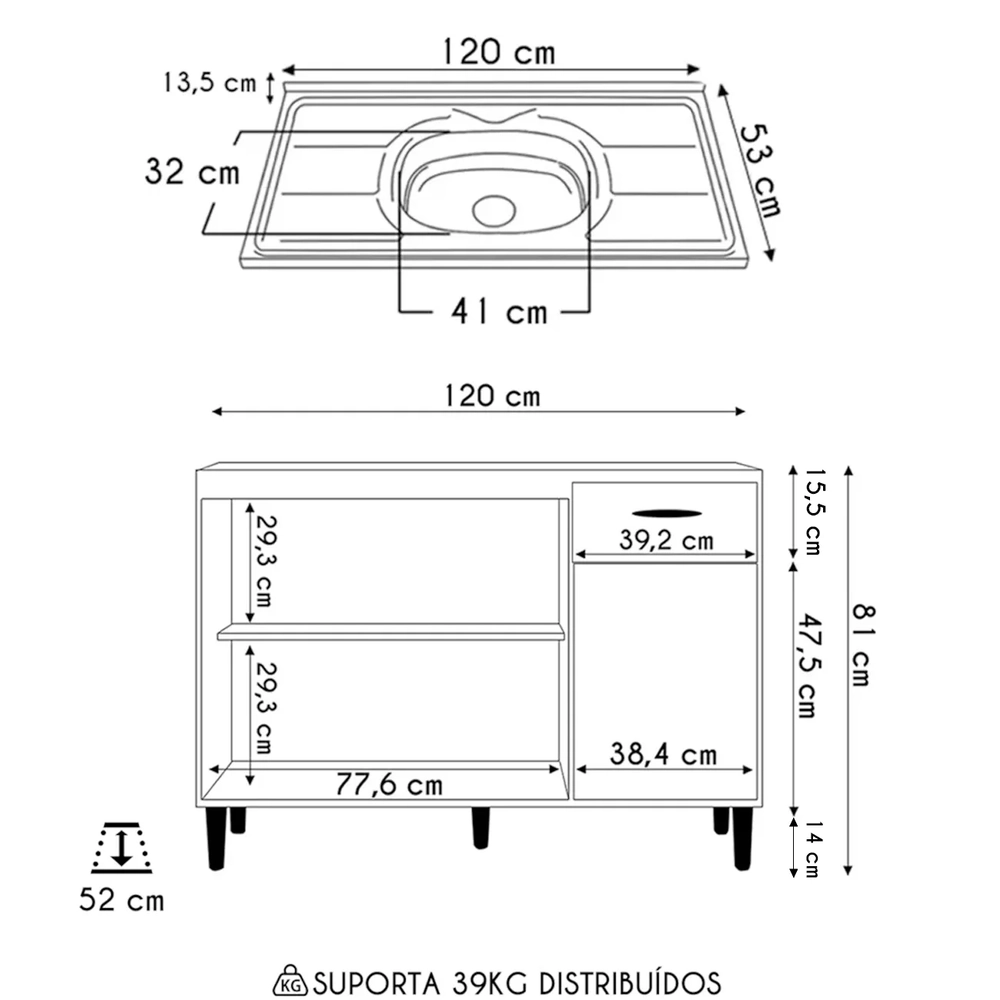 Balcão de Cozinha Com Pia Inox 120cm Classic Z46 Branco - Mpozenato