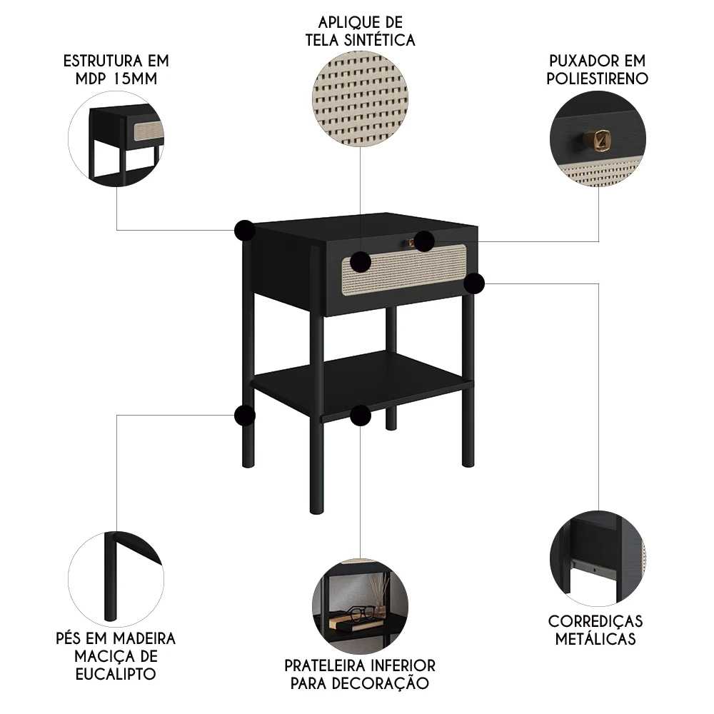 Mesa de Cabeceira Com 1 Gaveta Pés Madeira Arlo A10 Nero/Preto - Mpozenato