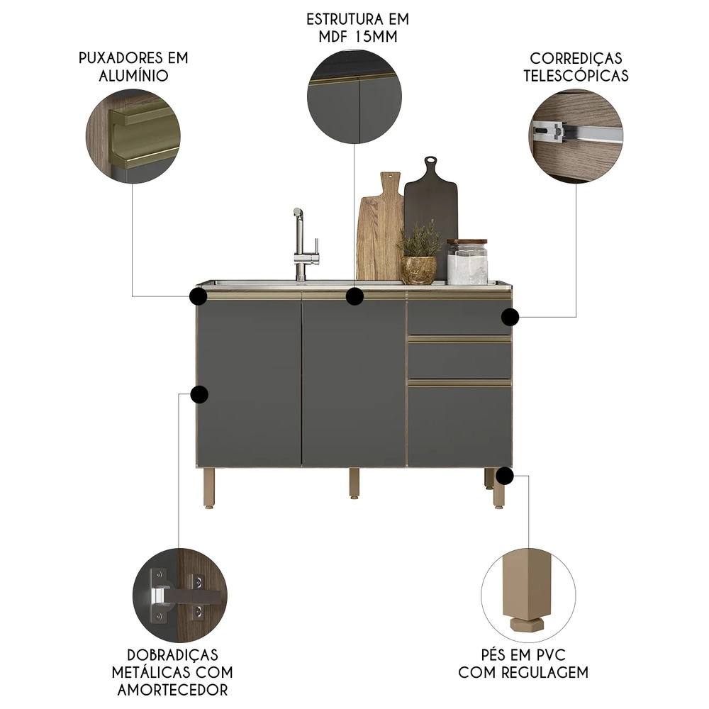Balcão de Cozinha Com Pia Inox 120cm Maly N03 Carvalho/Grafite - Mpozenato