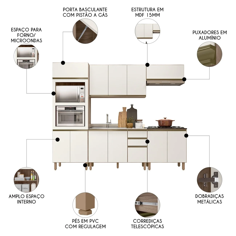 Armário de Cozinha 5 Peças Com Pia 120cm Jany N03 Carvalho/Off - Mpozenato