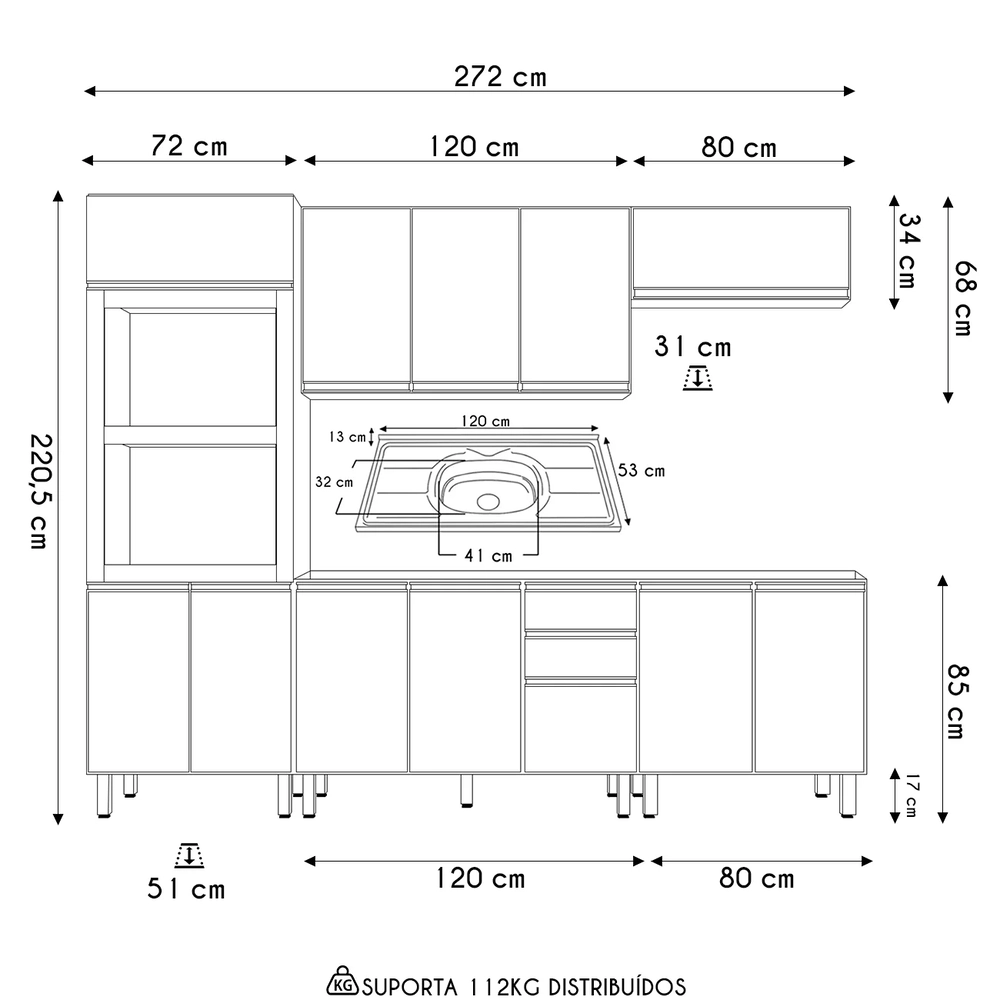 Armário de Cozinha 5 Peças Com Pia 120cm Jany N03 Carvalho/Off - Mpozenato