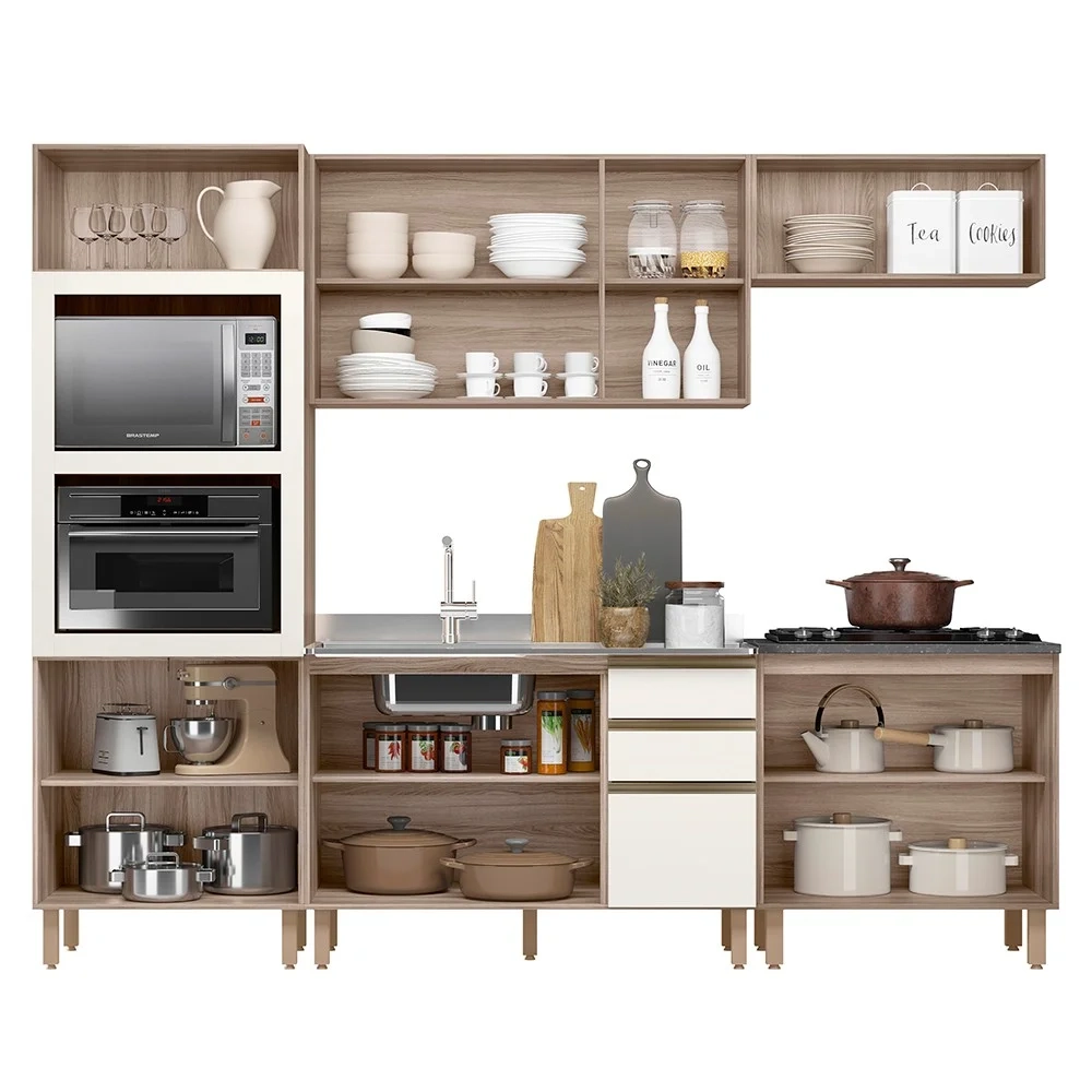 Armário de Cozinha 5 Peças Com Pia 120cm Jany N03 Carvalho/Off - Mpozenato