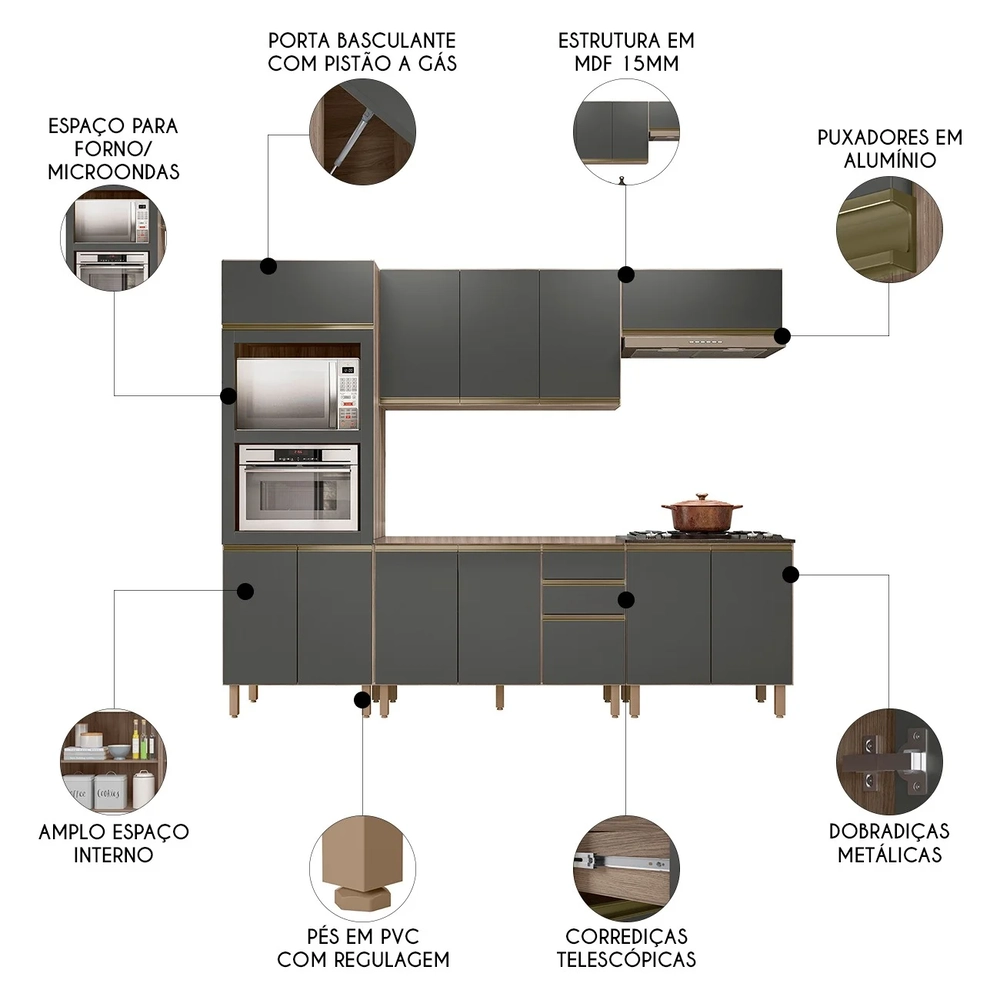 Armário de Cozinha 5 Peças Sem Tampo Jany N03 Carvalho/Grafite - Mpozenato