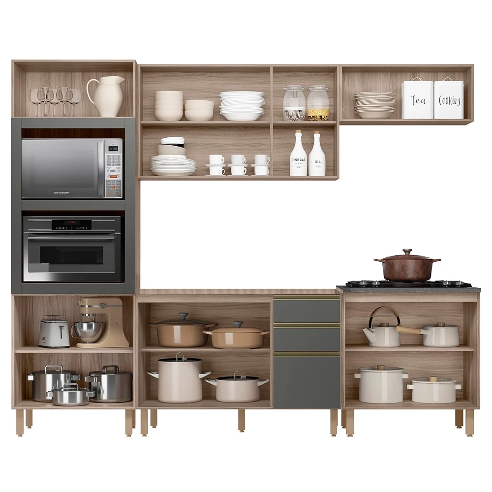 Armário de Cozinha 5 Peças Sem Tampo Jany N03 Carvalho/Grafite - Mpozenato