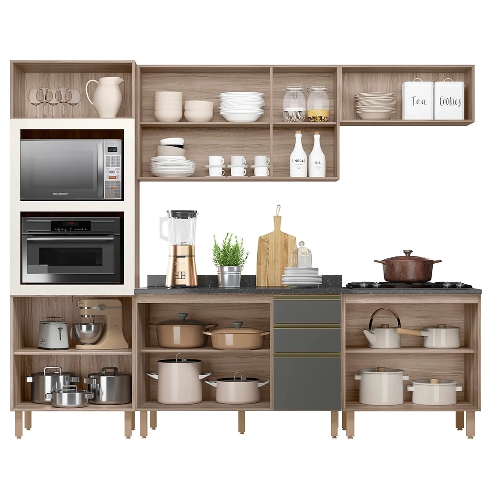 Armário de Cozinha 5 Peças Com Tampo Jany N03 Carvalho/Grafite - Mpozenato