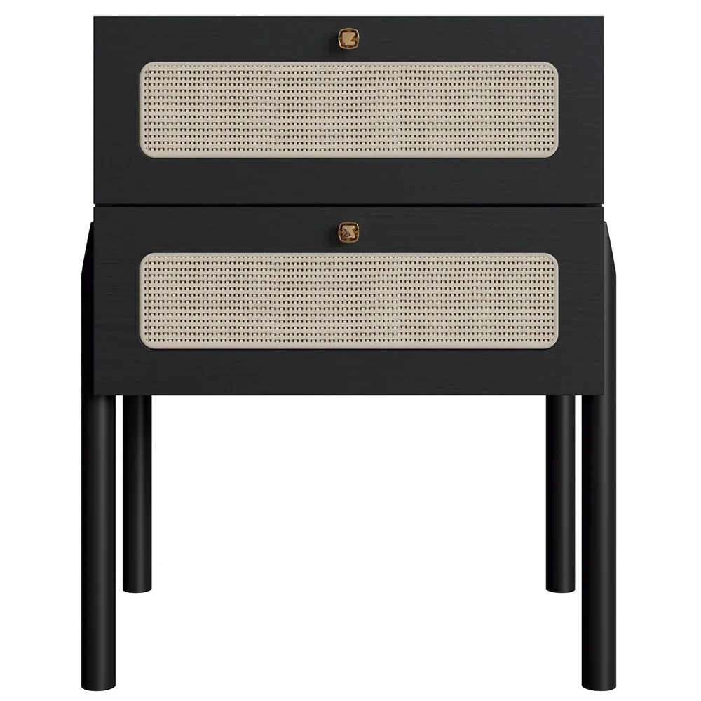 Mesa de Cabeceira Com 2 Gavetas Pés Madeira Arlo A10 Nero/Preto - Mpozenato