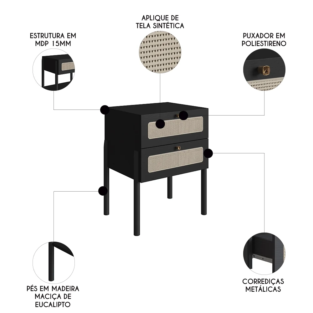 Mesa de Cabeceira Com 2 Gavetas Pés Madeira Arlo A10 Nero/Preto - Mpozenato
