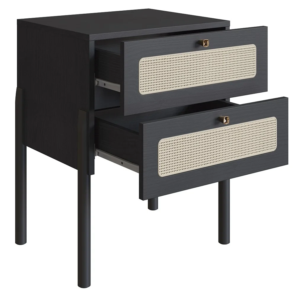 Mesa de Cabeceira Com 2 Gavetas Pés Madeira Arlo A10 Nero/Preto - Mpozenato