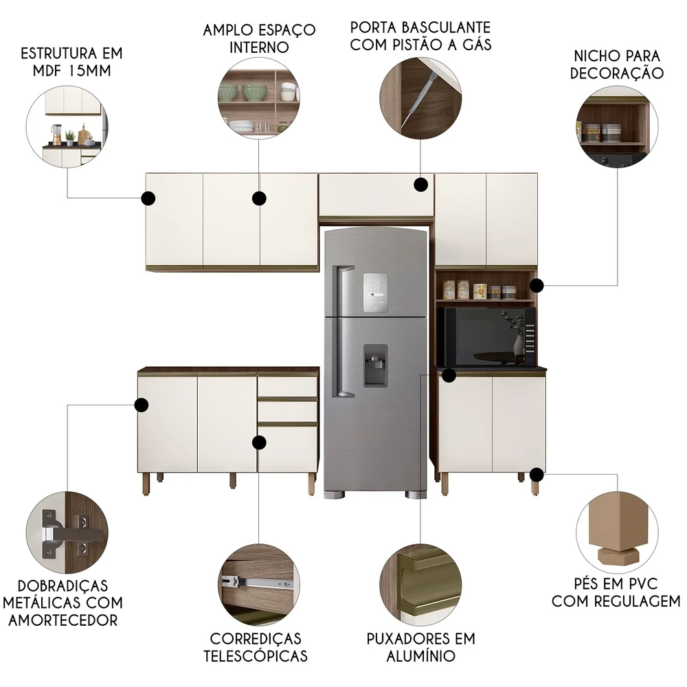 Armário de Cozinha 4 Peças Sem Tampo Lita N03 Carvalho/Off - Mpozenato