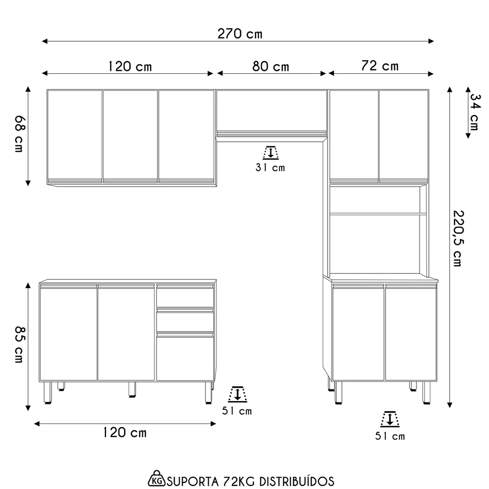 Armário de Cozinha 4 Peças Sem Tampo Lita N03 Carvalho/Off - Mpozenato