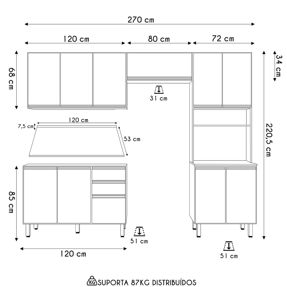 Armário de Cozinha 4 Peças Com Tampo Lita N03 Carvalho/Off - Mpozenato