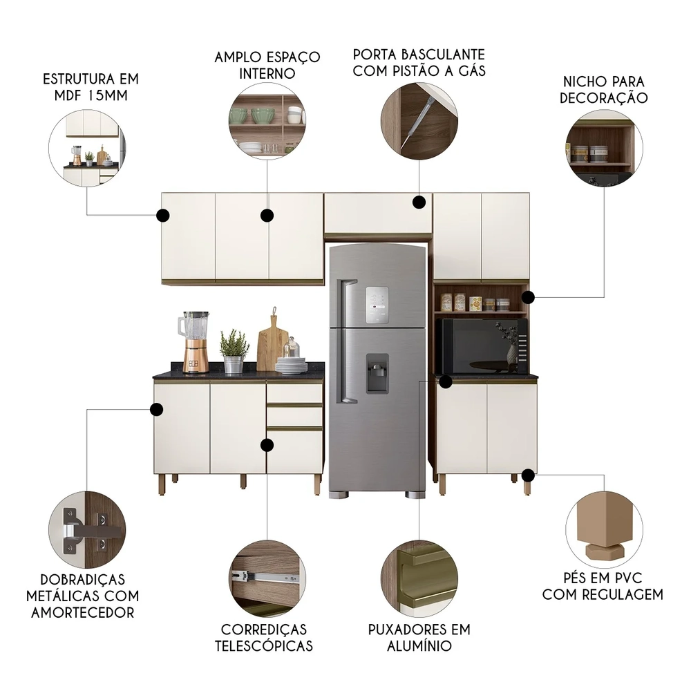 Armário de Cozinha 4 Peças Com Tampo Lita N03 Carvalho/Off - Mpozenato
