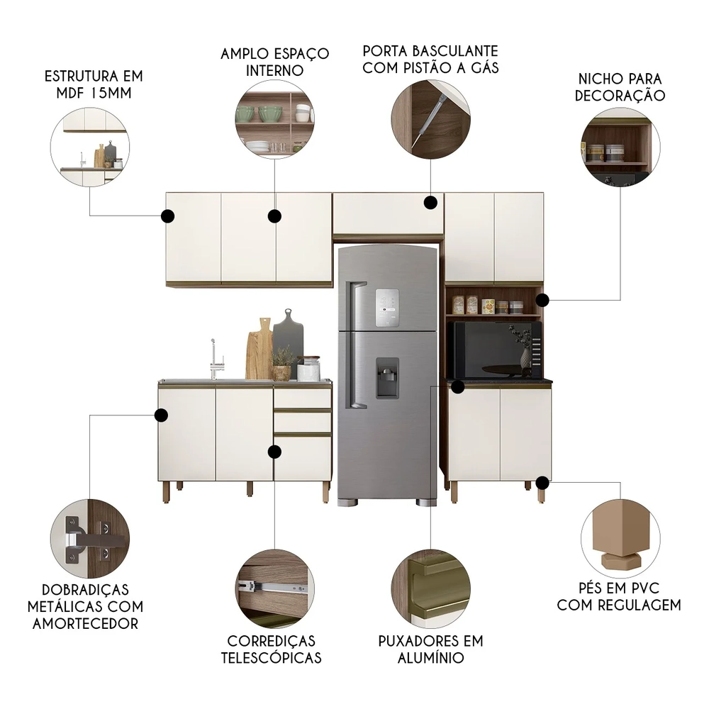 Armário de Cozinha 4 Peças Com Pia 120cm Lita N03 Carvalho/Off - Mpozenato