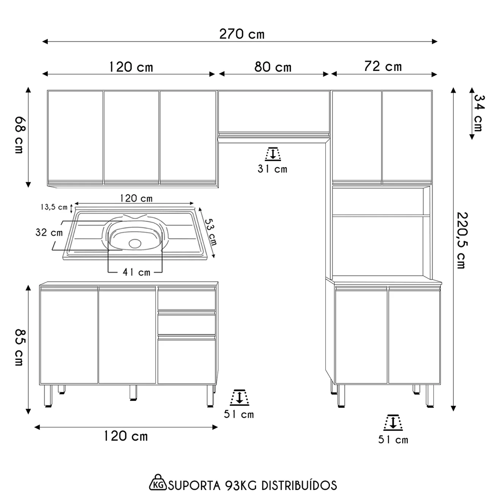 Armário de Cozinha 4 Peças Com Pia 120cm Lita N03 Carvalho/Off - Mpozenato