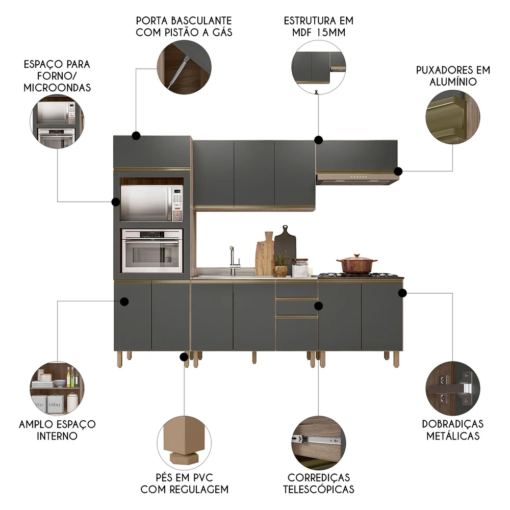 Armário de Cozinha 5 Peças e Pia 120cm Jany N03 Carvalho/Grafite - Mpozenato