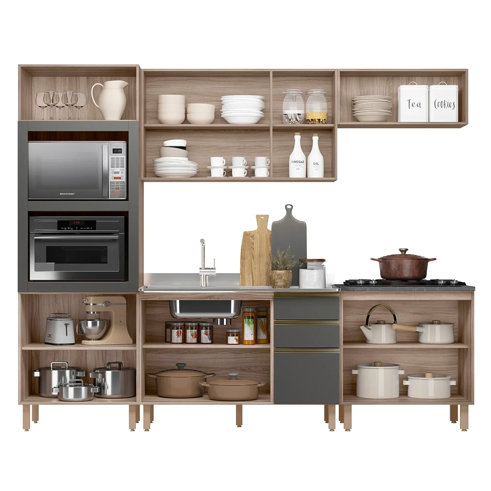 Armário de Cozinha 5 Peças e Pia 120cm Jany N03 Carvalho/Grafite - Mpozenato