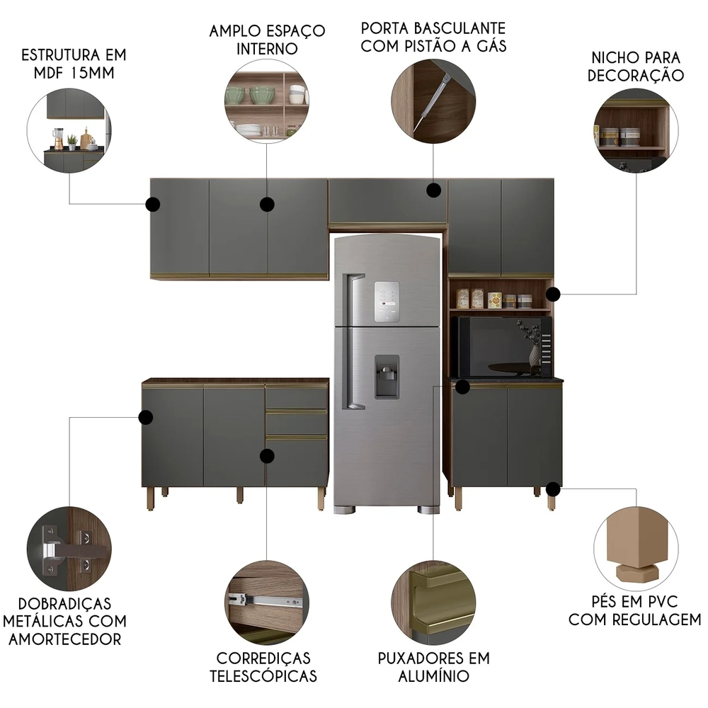 Armário de Cozinha 4 Peças Sem Tampo Lita N03 Carvalho/Grafite - Mpozenato