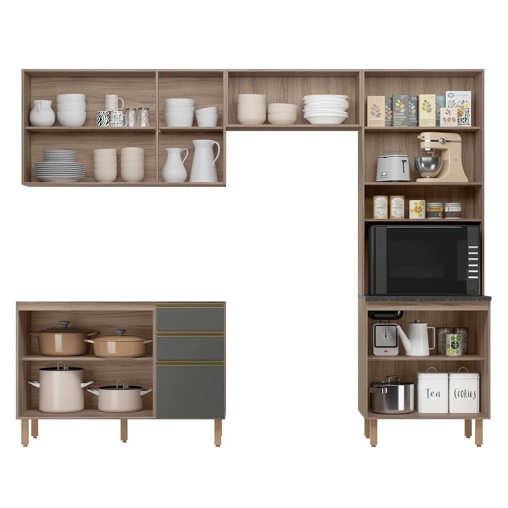 Armário de Cozinha 4 Peças Sem Tampo Lita N03 Carvalho/Grafite - Mpozenato