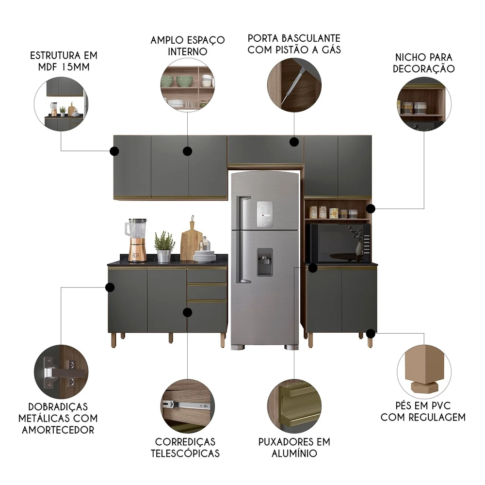 Armário de Cozinha 4 Peças Com Tampo Lita N03 Carvalho/Grafite - Mpozenato