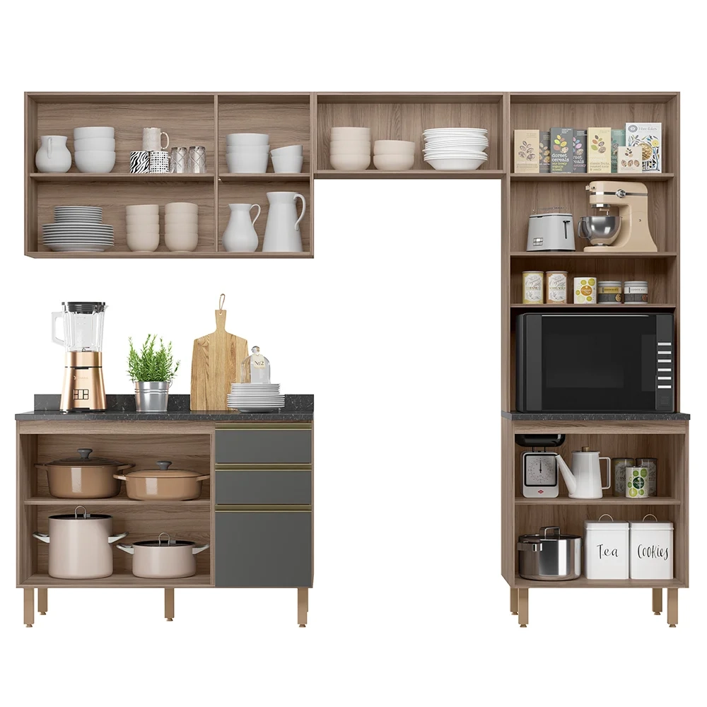 Armário de Cozinha 4 Peças Com Tampo Lita N03 Carvalho/Grafite - Mpozenato