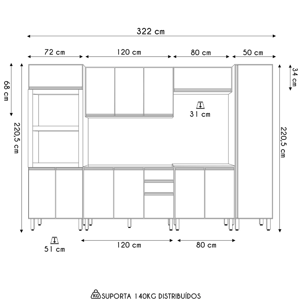 Armário de Cozinha 6 Peças Sem Tampo Jessy N03 Carvalho/Off - Mpozenato