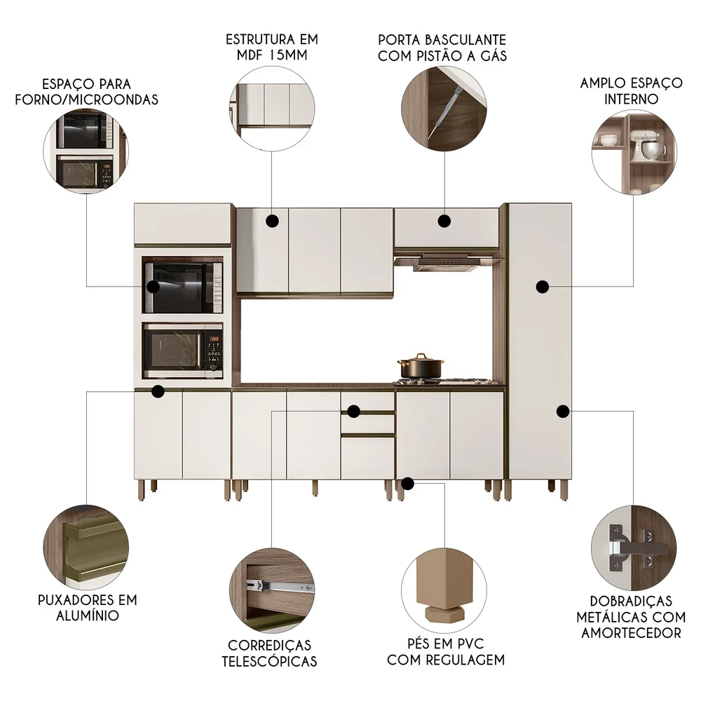 Armário de Cozinha 6 Peças Sem Tampo Jessy N03 Carvalho/Off - Mpozenato