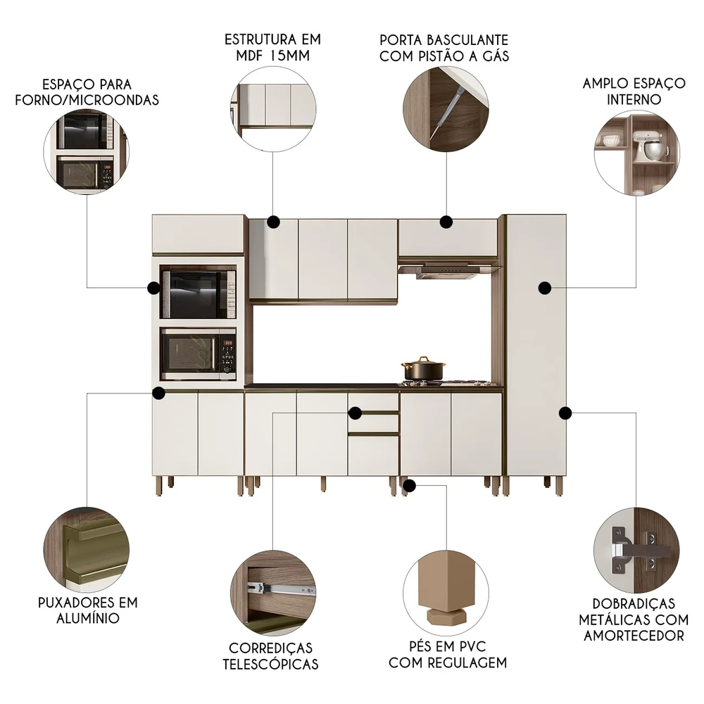 Armário de Cozinha 6 Peças Com Tampo Jessy N03 Carvalho/Off - Mpozenato