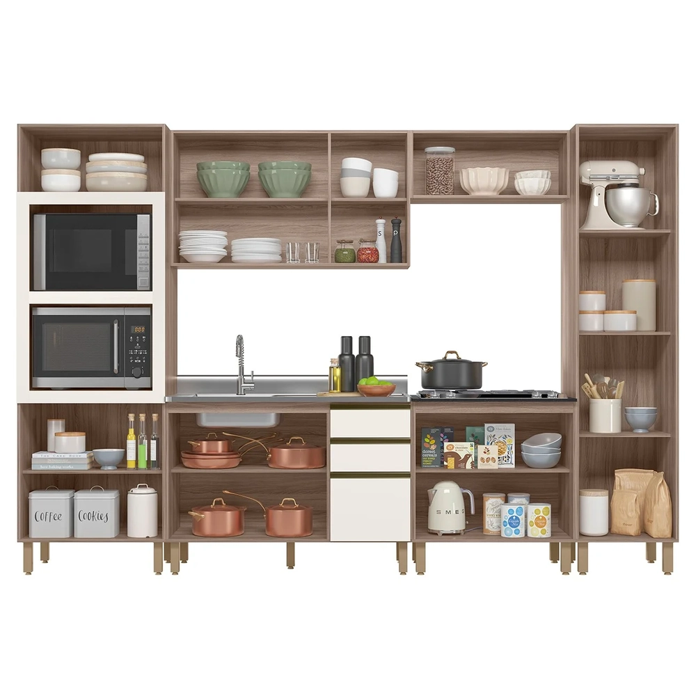 Armário de Cozinha 6 Peças Com Pia 120cm Jessy N03 Carvalho/Off - Mpozenato