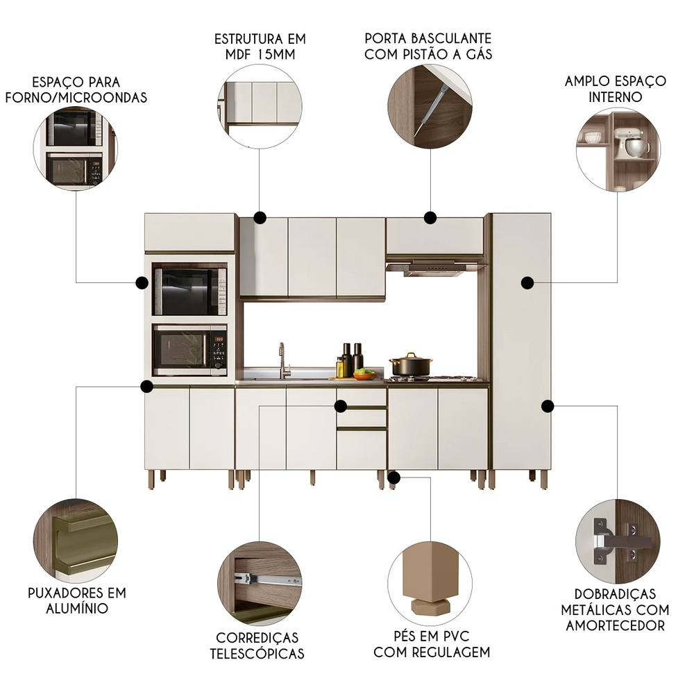 Armário de Cozinha 6 Peças Com Pia 120cm Jessy N03 Carvalho/Off - Mpozenato
