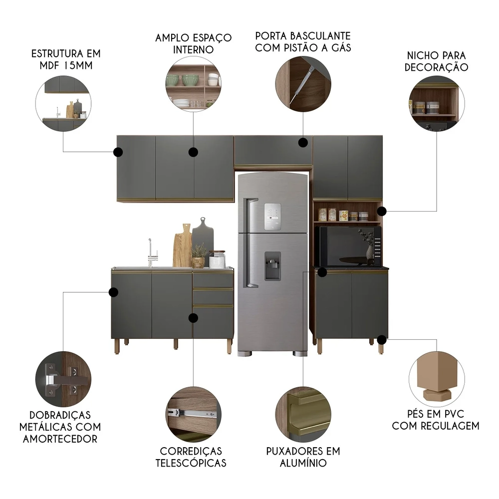 Armário de Cozinha 4 Peças e Pia 120cm Lita N03 Carvalho/Grafite - Mpozenato