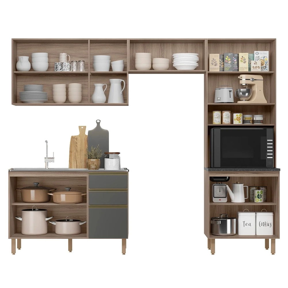 Armário de Cozinha 4 Peças e Pia 120cm Lita N03 Carvalho/Grafite - Mpozenato