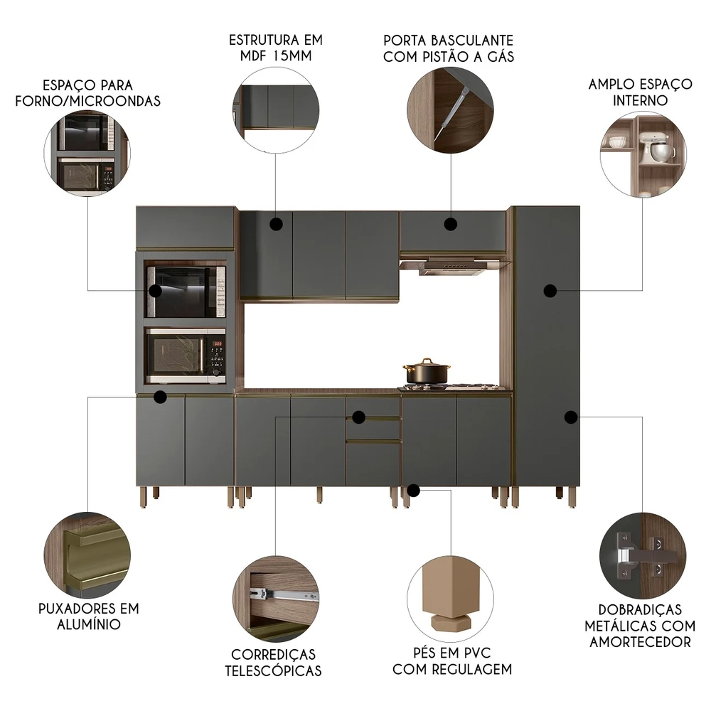 Armário de Cozinha 6 Peças Sem Tampo Jessy N03 Carvalho/Grafite - Mpozenato