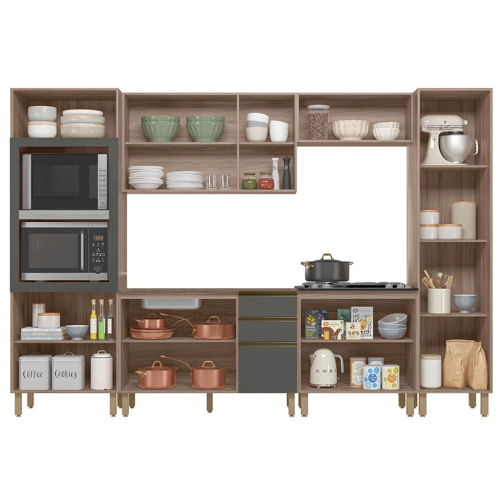 Armário de Cozinha 6 Peças Sem Tampo Jessy N03 Carvalho/Grafite - Mpozenato