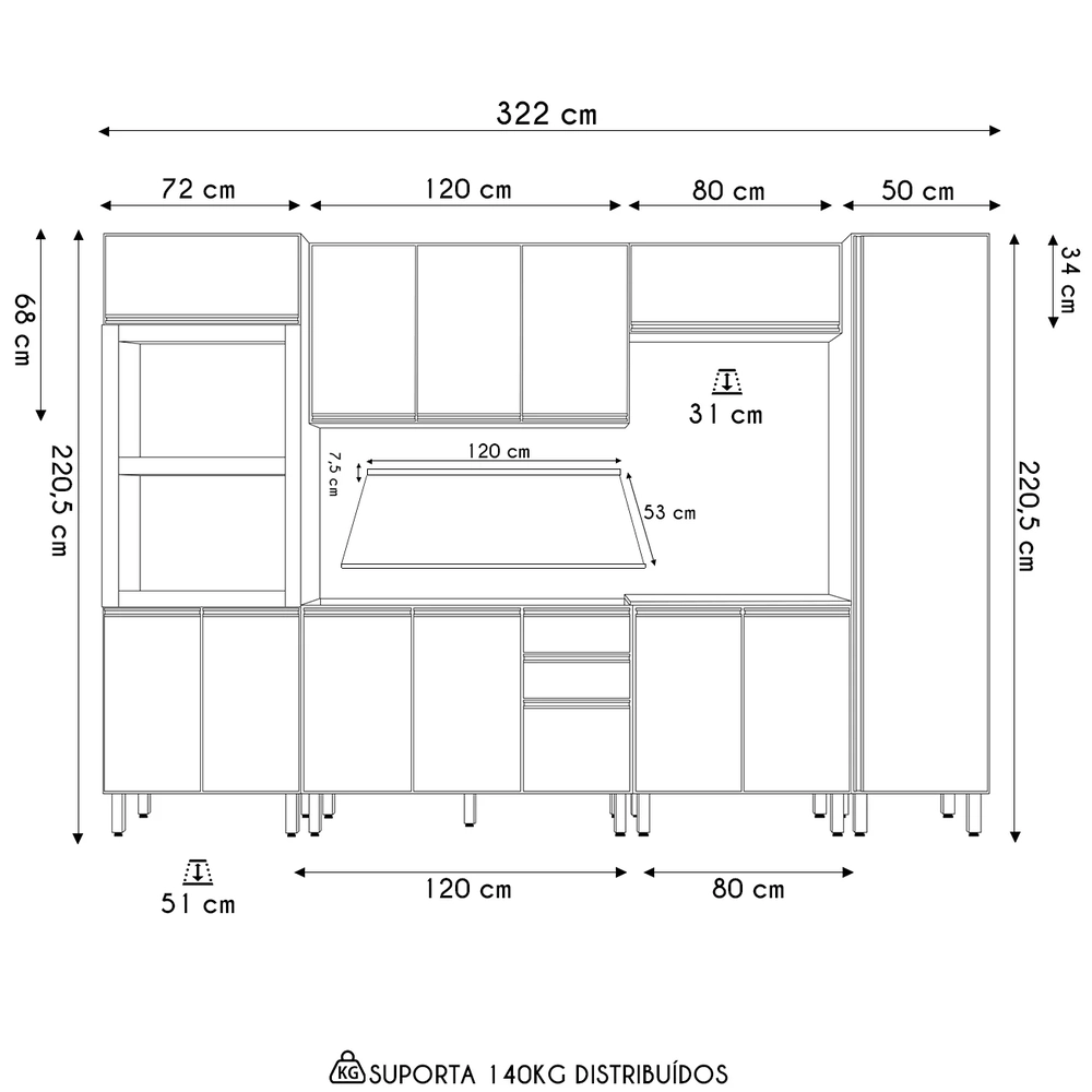 Armário de Cozinha 6 Peças Com Tampo Jessy N03 Carvalho/Grafite - Mpozenato