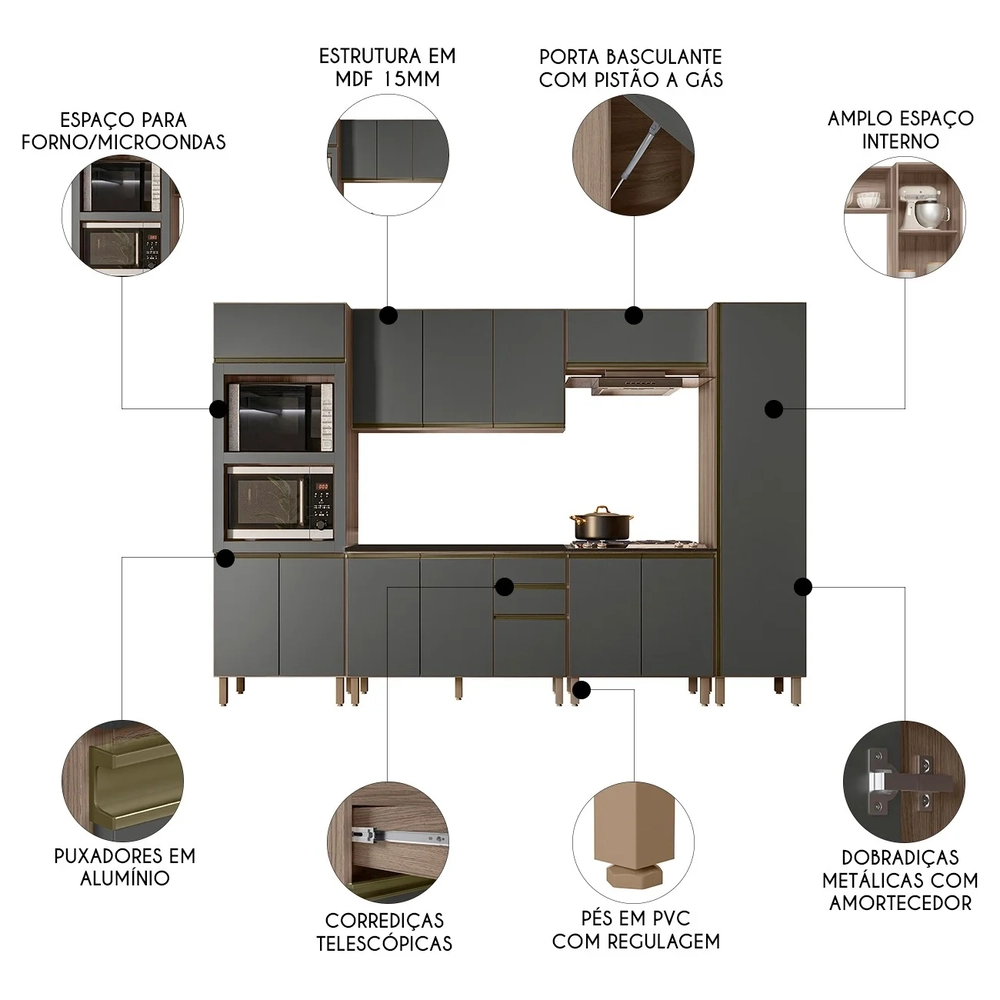 Armário de Cozinha 6 Peças Com Tampo Jessy N03 Carvalho/Grafite - Mpozenato