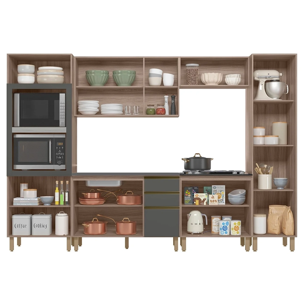 Armário de Cozinha 6 Peças Com Tampo Jessy N03 Carvalho/Grafite - Mpozenato