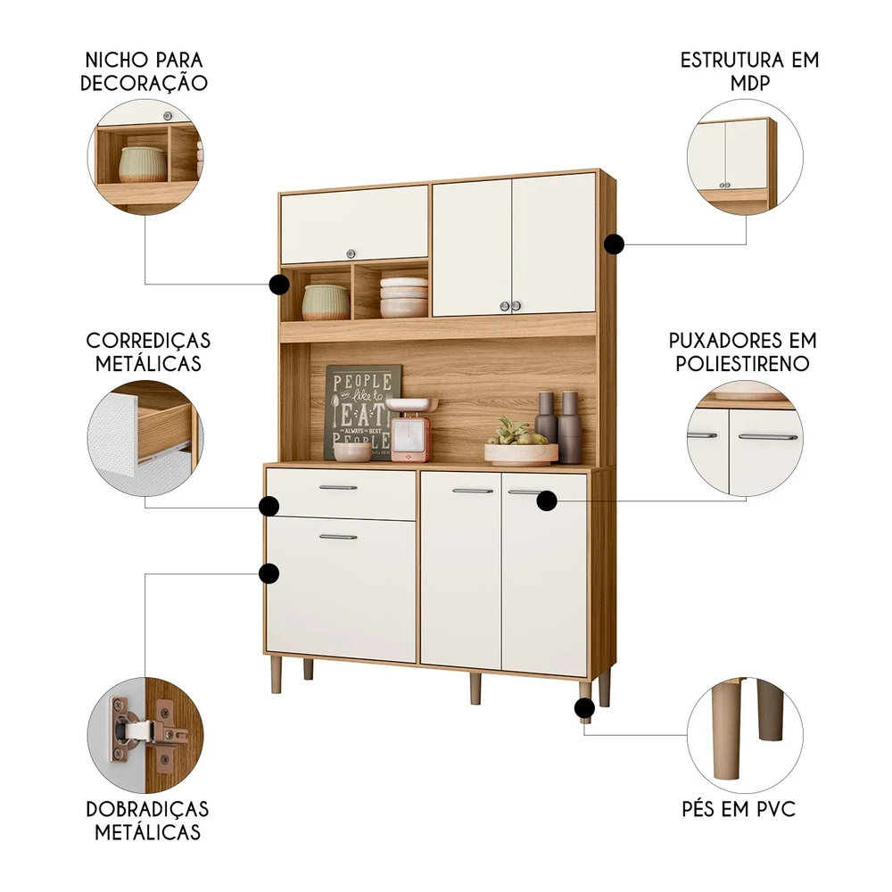 Armário de Cozinha Compacta Retrô 120cm Wallie N03 Freijó/Off White - Mpozenato