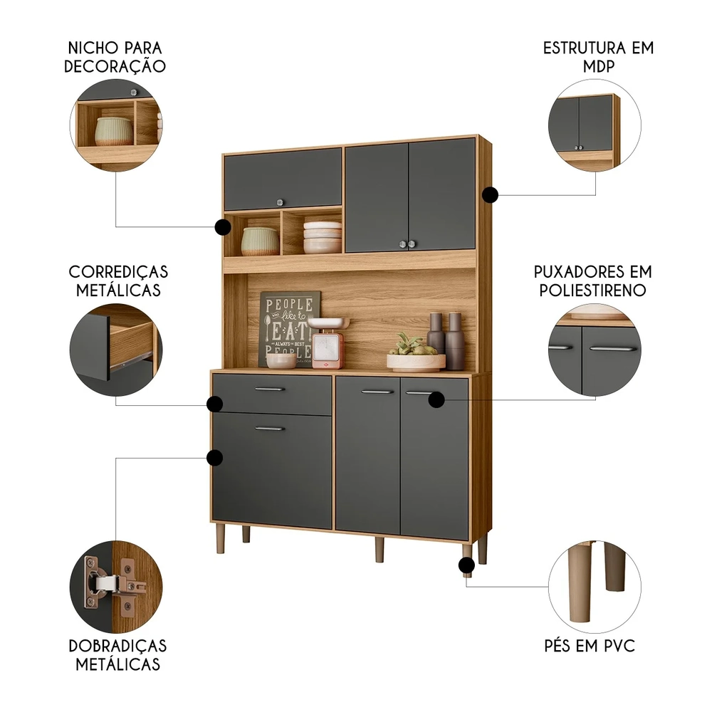 Armário de Cozinha Compacta Retrô 120cm Wallie N03 Freijó/Grafite - Mpozenato