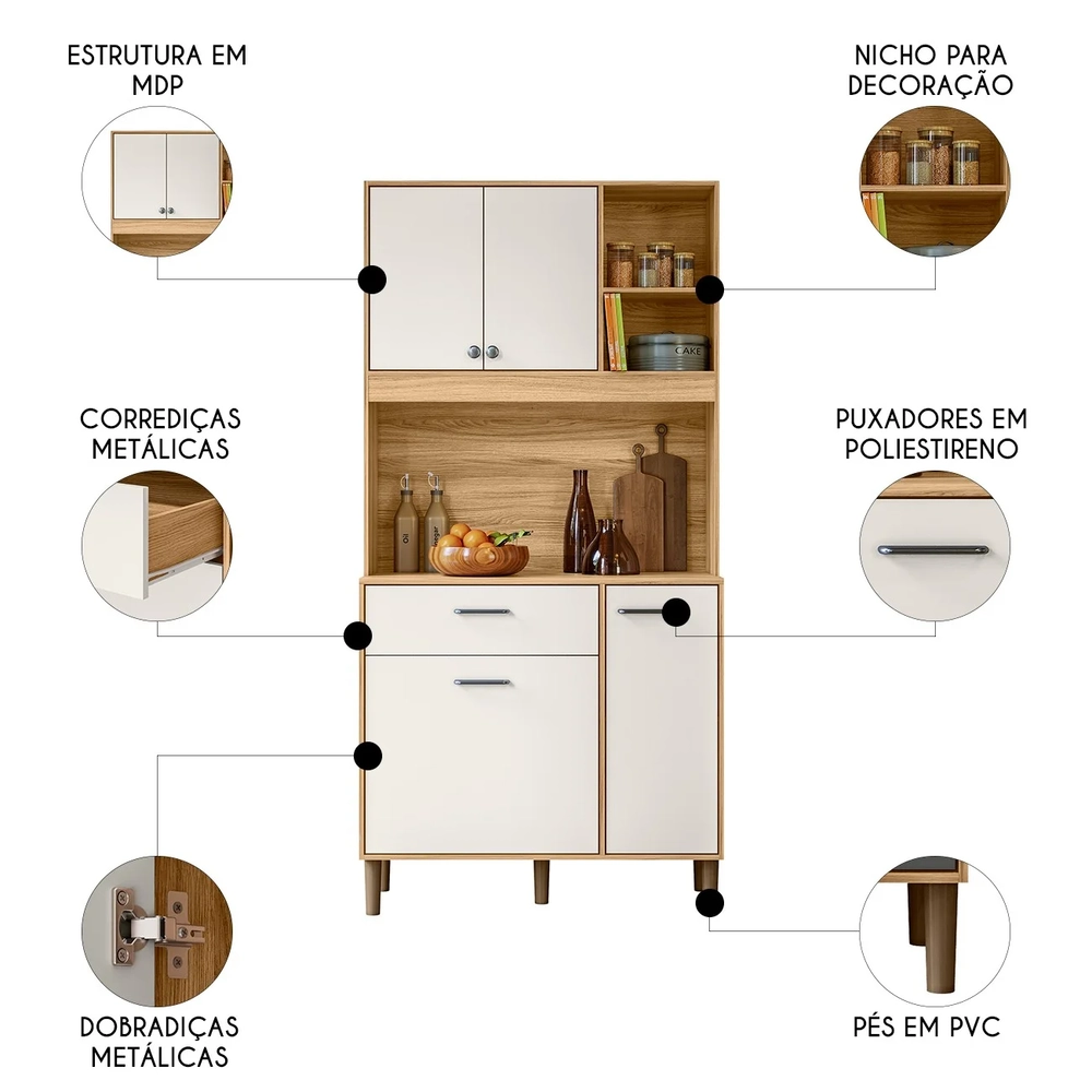 Armário de Cozinha Compacta Retrô 90cm Wallie N03 Freijó/Off White - Mpozenato