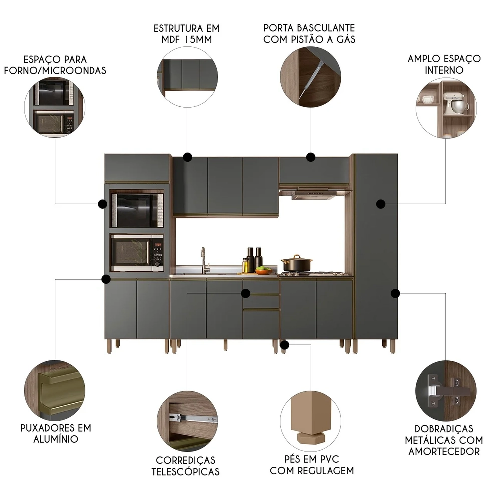 Armário de Cozinha 6 Peças e Pia 120cm Jessy N03 Carvalho/Grafite - Mpozenato
