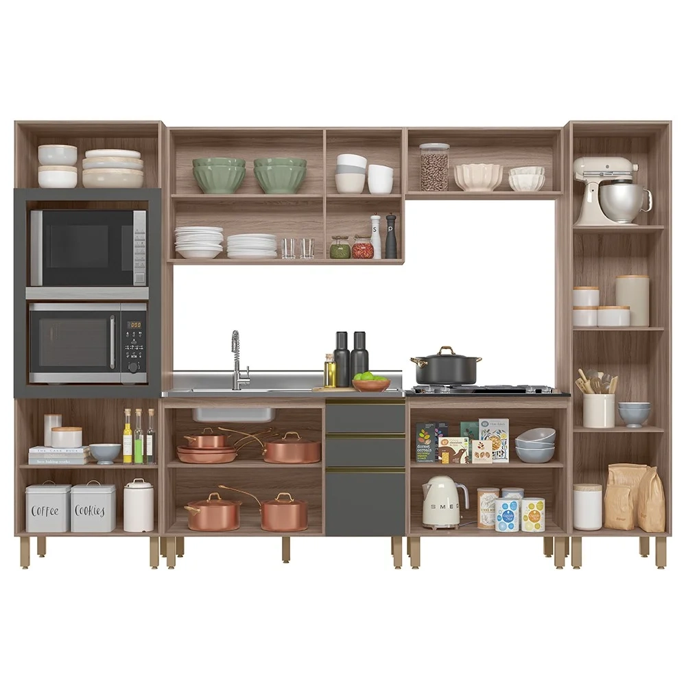 Armário de Cozinha 6 Peças e Pia 120cm Jessy N03 Carvalho/Grafite - Mpozenato