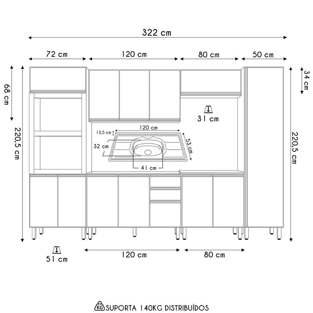 Armário de Cozinha 6 Peças e Pia 120cm Jessy N03 Carvalho/Grafite - Mpozenato