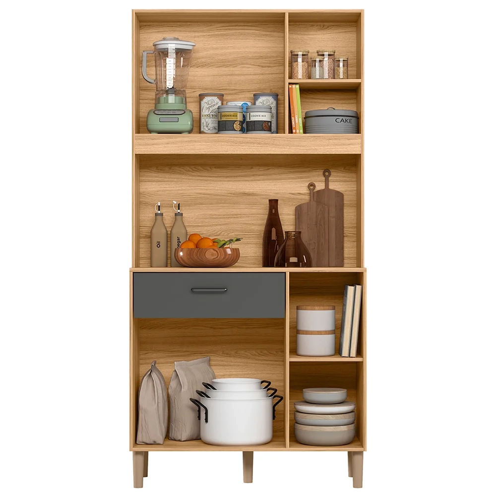 Armário de Cozinha Compacta Retrô 90cm Wallie N03 Freijó/Grafite - Mpozenato